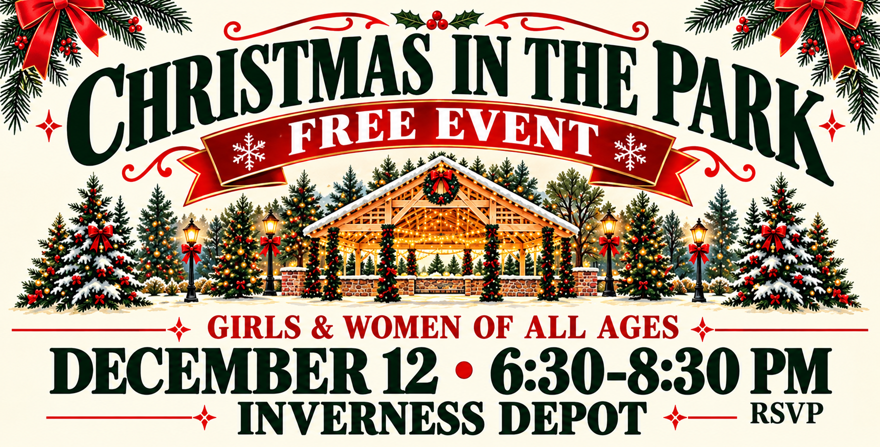Christmas in the Park, a free event for girls and women of all ages, December 12, 6:30 to 8:30 PM at the Inverness Depot